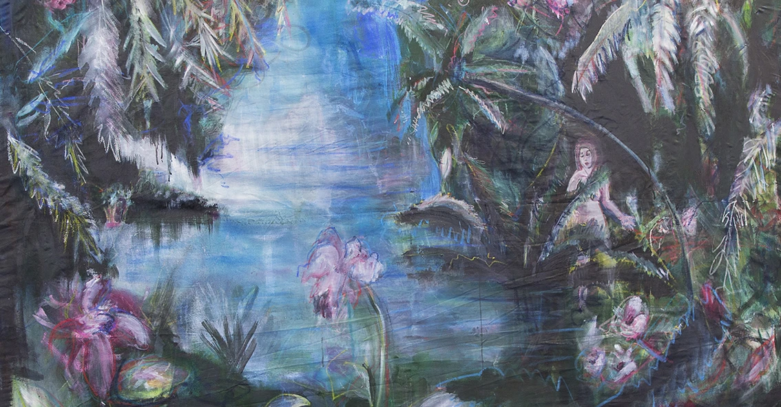 Recadrage Sol&egrave;ne Lestage, enseignante A l'or&eacute;e de la for&ecirc;t, 2018 huile et acrylique sur toile 192 x 130 cm