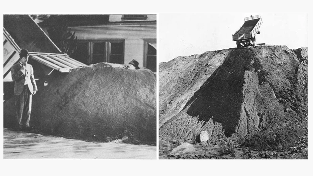 Burlesque &copy; Une catastrophe primitive. Laurel et Hardy dans le film T&ecirc;te de pioche, en 1938. Entropie &copy; Asphalt Rundown, oeuvre de Robert Smithson, en 1969, pr&eacute;sente une coul&eacute;e d&rsquo;asphalte comme une d&eacute;charge d&rsquo;&eacute;nergie, dans une carri&egrave;re abandonn&eacute;e de la ville de Rome.