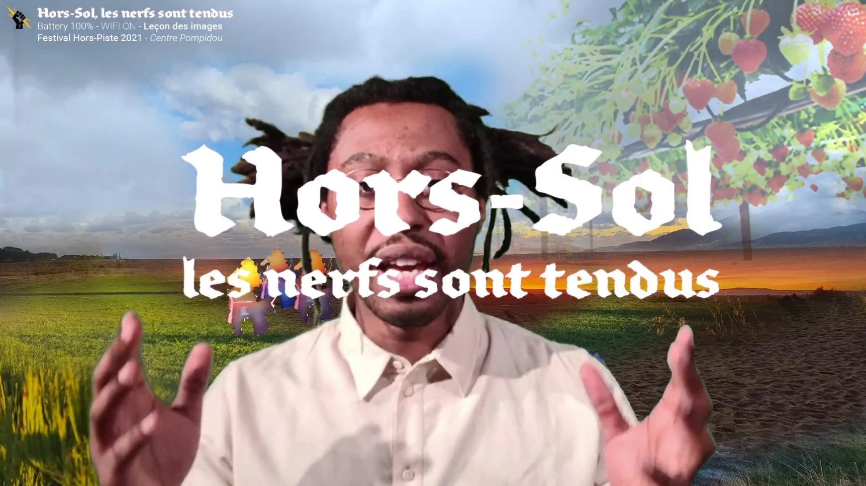 Screenshot de la conf&eacute;rence perform&eacute;e Hors-Sol les Nerfs sont tendus, dans le cadre du festival Hors-Piste 2021 au Centre Pompidou.