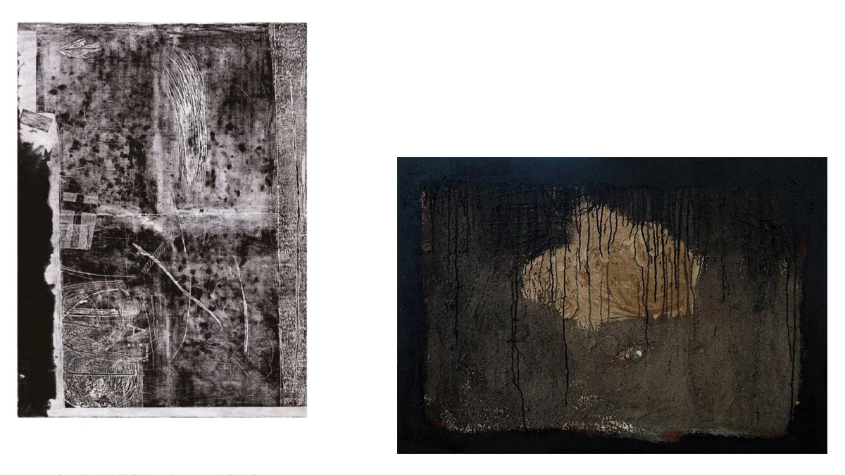 Arman VAHANYAN, Seven Wounds 2, 2018. oil, woodcut on canvas, 190 x 140cm + Tigran Sahakyan_Untitled_2013_MixedMediaOnLinen_89x146cm
